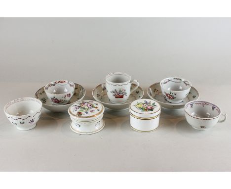 Three 18th century English porcelain tea bowls with hand painted decoration, together with two cups and three 18th century sa