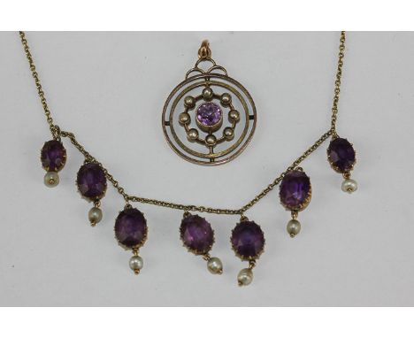 An amethyst and seed pearl pendant in 9 carat gold and an amethyst and seed pearl necklace 