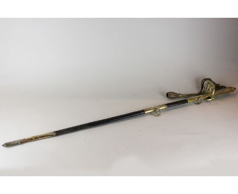 A George VI Royal Navy officer's sword with 31.5 inch etched blade, in brass mounted leather scabbard, together with leather 