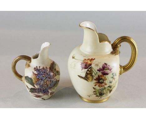 A Royal Worcester blush ivory porcelain jug decorated with butterfly and wild flowers, model number 1094, 16cm, and a similar