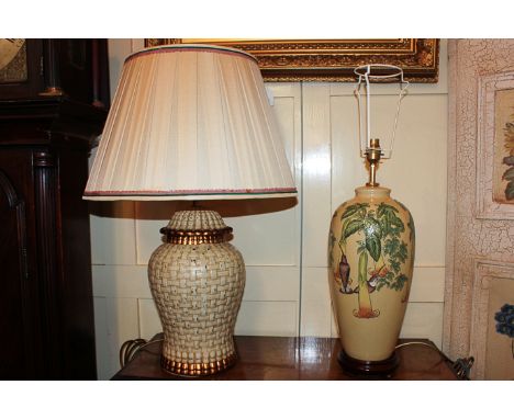 A ceramic urn shape table lamp, with basket-weave decoration, 46cm; and another lamp with floral decoration, 51cm