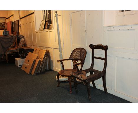 A Regency dining chair (a/f), a cane seat and back small tub shaped chair and a lamp standard