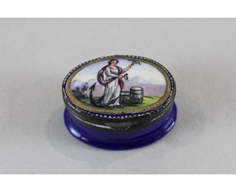 A 19th century enamel oval pill box decorated with a lady and anchor