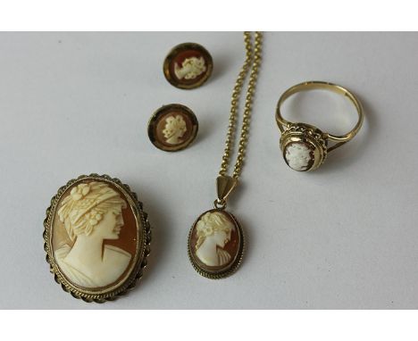 A 9ct gold mounted shell cameo ring, brooch, pendent and earstuds 