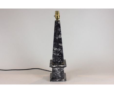 A grey mottled marble obelisk table lamp, 45cm high