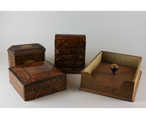 A burr wood dome shaped box with three drawers, another burr wood box, a Crawfords metal biscuit box in the form of a tea cad