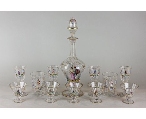 A late 19th century Lobmeyr enamelled glass part service comprising a decanter and stopper, ten glasses, fourteen cocktail gl