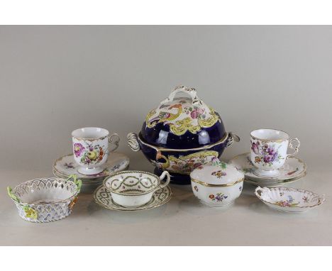 A Victorian blue glazed two-handled circular tureen and cover, with scroll handle and panels of flowers; two Dresden porcelai