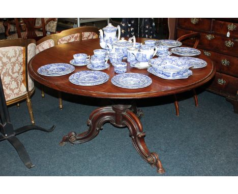 A Victorian circular mahogany dining table with moulded edge tilting top on bulbous carved pedestal and scroll tripod base, 1