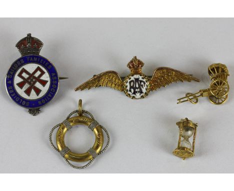 A 9ct gold RAF wings brooch, a gold and enamel RLYC pendant, two gold charms, an enamel badge 