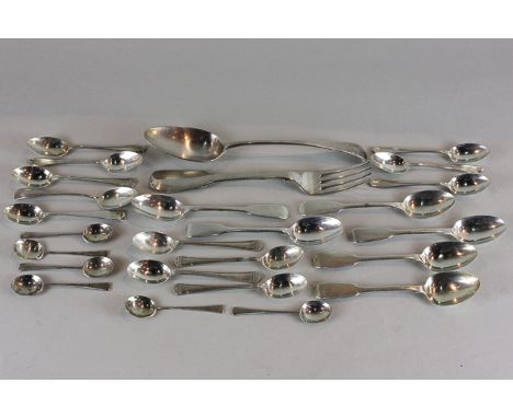 A set of six Victorian silver fiddle pattern teaspoons, London 1842, two sets of five later silver coffee spoons, a single di