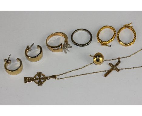 A sapphire and diamond half hoop ring (a/f), a single ear stud and a cross pendant, two pairs of costume earrings, a 9ct gold