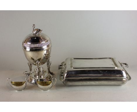 A plated egg warmer on stand with spirit lamp, a rectangular entree dish and a pair of boat shaped plated salts