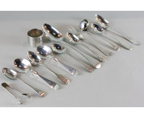 A collection of silver items to include a jam spoon, a George III table spoon, a Scottish Georgian toddy ladle, a heavy napki