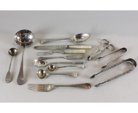 A collection of silver items to include 18th century sugar nips, two sugar tongs, mother of pearl and silver christening knif