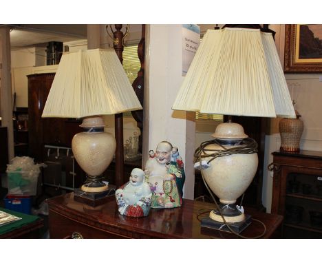 A pair of ceramic table lamps, urn shape with faux marbling in sand and brown glaze, 64cm