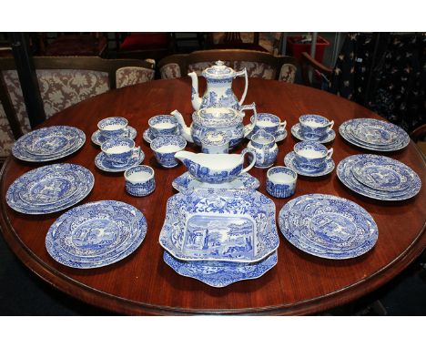 A Spode blue and white Italian pattern tea and dinner service for six settings, to include dinner, dessert and tea plates, cu