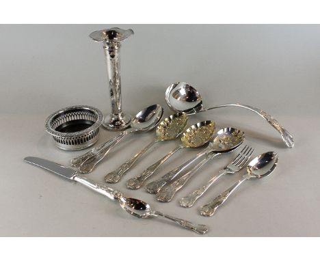 A collection of King's pattern plated flatware, to include table forks and spoons, soup spoons, soup ladle, fish knives and f