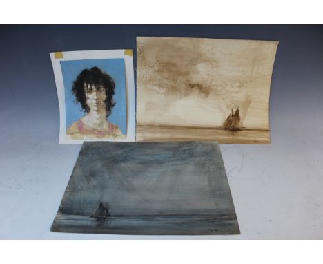 TAYLOR (XX). British school, three impressionist stormy seascapes with fishing vessels, together with a modernist portrait st