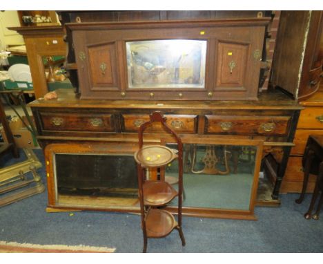 A VINTAGE OAK MIRRORED HAT STAND AND TWO MIRRORS AND DUMB WAITER (4)