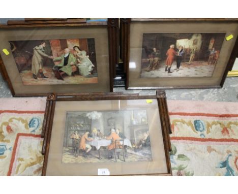 THREE STYLIZED OAK FRAMES AND GLASS CONTAINING  VINTAGE PRINTS 