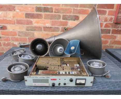 A TRAY OF EXTERNAL HORN SPEAKERS, A PYE TRANSMITTER PLUS A LARGE EXTERNAL HORN SPEAKER