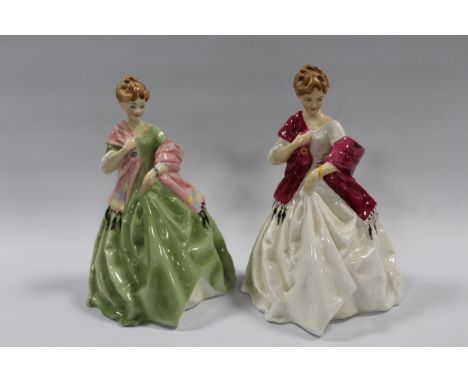 ROYAL WORCESTER FIGURINE FIRST DANCE WHITE DRESS, RASPBERRY  SHAWL TOGETHER WITH ANOTHER FIRST DANCE FIGURE GREEN DRESS , PIN