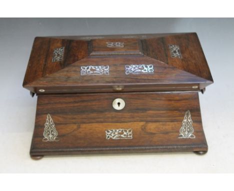  A LARGE ANGULAR TEA CADDY WITH MOTHER OF PEARL INLAY, sat on four turned feet, W 34 cm