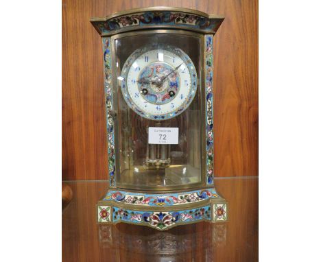 A ENAMELLED BRASS AND GLASS MERCURY WEIGHTED DOWN MANTLE CLOCK 