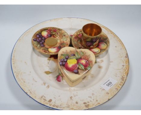 A AYNSLEY ORCHARD GOLD GILDED COFFEE CAN AND SAUCER TOGETHER WITH ANOTHER SAUCER , HEART SHAPE TRINKET BOX AND A LARGE PLATE