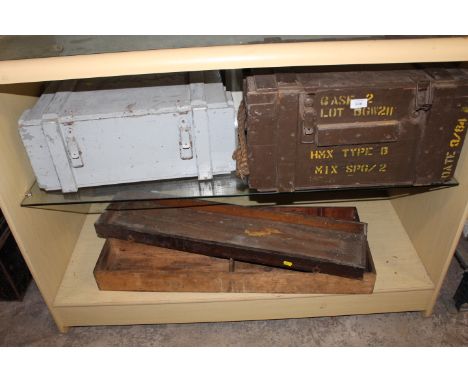 TWO WOODEN AMMUNITION BOXES AND THREE WOODEN CARPENTERS TOOL TRAYS 