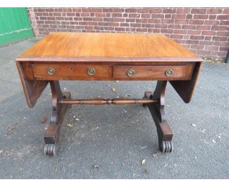 A 19TH CENTURY CROSSBANDED MAHOGANY SOFA TABLE, with two frieze drawers, raised on shaped supports and turned stretcher, W 15