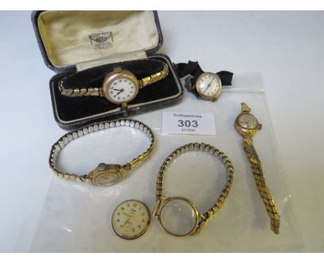 FIVE VINTAGE 9CT GOLD LADIES WRISTWATCHES, SIGNED EXAMPLES - TROJAN, EVERITE AND AVIA, FOUR ON PLATED EXPANDING STRAPS, THE L
