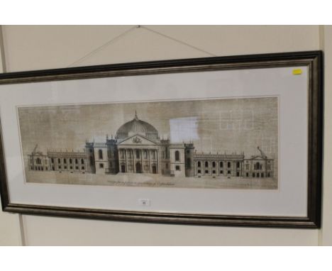 A LARGE FRAMED ARCHITECTURAL PRINT 'DESIGN FOR A PALACE IN THE COUNTY OF OXFORDSHIRE', 28 X 89 CM (IN OFFICE)