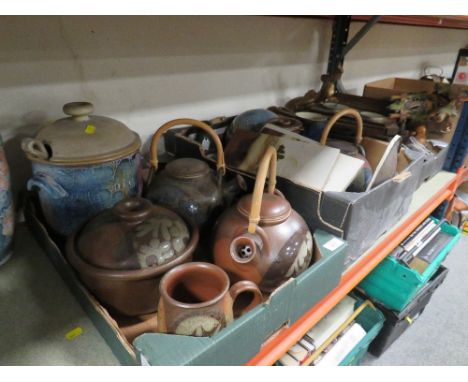 THREE TRAYS OF CERAMICS TO INCLUDE STUDIO POTTERY STYLE KETTLES . CUCKOO CLOCK ETC