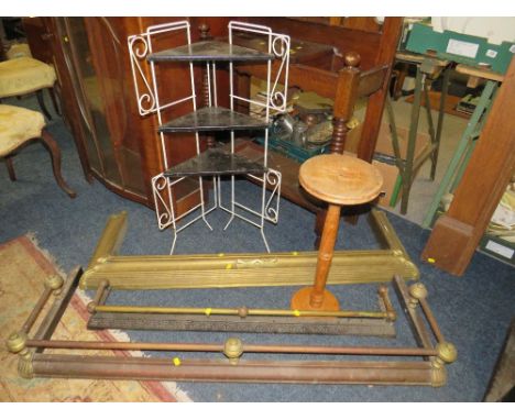 THREE VINTAGE BRASS/CAST FIRE FENDERS, RETRO CORNER STAND AND WOODEN STAND (5)