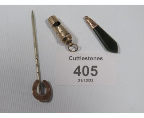 A VICTORIAN WHISTLE, STICK PIN AND PENDANT