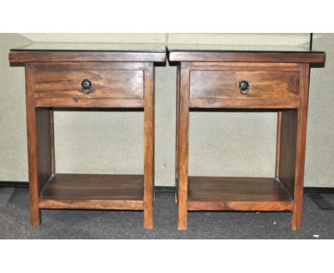 A pair of hardwood open based bedside tables, set a drawer and a shelf, 60cm high x 50cm wide x 40cm deep