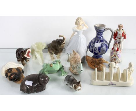 A collection of figures to include a stone hippopotamus, ceramic frog, beefeater bottle. Tallest measures; 21cm. 