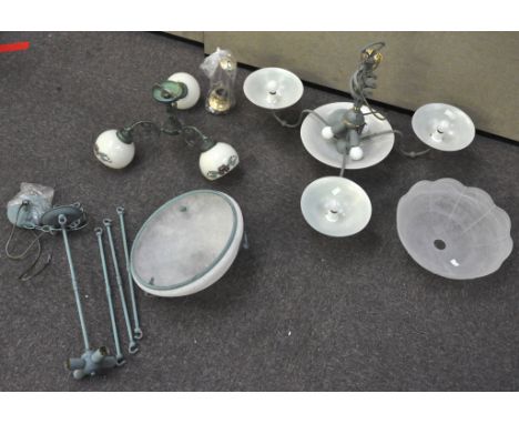 A collection of assorted ceiling lights to include; two painted metal three branch chandeliers with glass shades, painted met