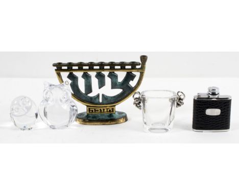 A small glass vase with white metal mounts, formed as grapes, 6.5cm high; together with two glass paperweights, a Menorah and