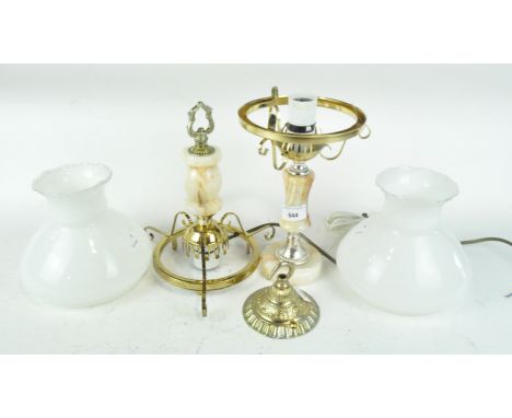 A set of lights to include a hanging light and table lamp both with milk glass shades. Table lamp measures; 38cm high.