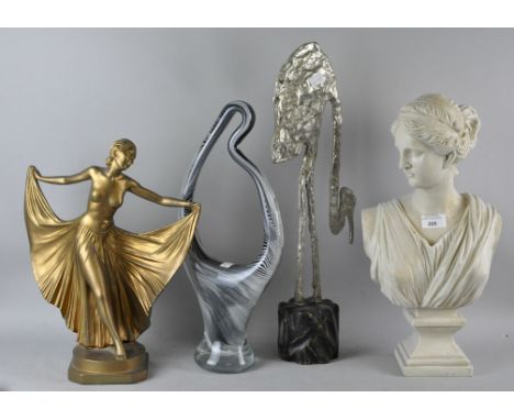 A cast metal abstract figure or a flamingo, 52cm high, with an Art Deco figure of a dancing girl, a Classical bust and an abs