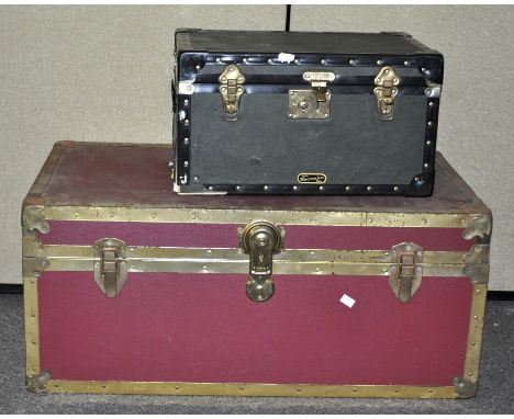 A large vintage brass bound trunk along with another. Largest measures; 39cm x 89cm x 50cm. 