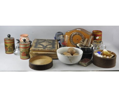 A mixed collection of assorted items to include; mantel clock, Bible and wooden items. Tallest measures; 31cm.