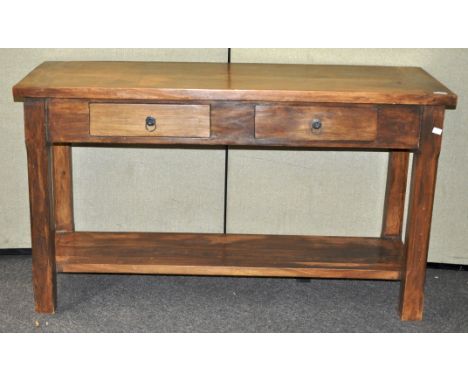 A hardwood side table with shelf base and two drawers, 75cm high x 131cm wide x 47cm deep