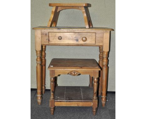 A country pine hall table with drawer along with a pine sofa table and small footstool. Largest measures; 78cm.