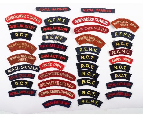 Selection of British Cloth Shoulder Titles, including various Grenadier Guards, Royal Artillery, Royal Corps of Transport, Ro