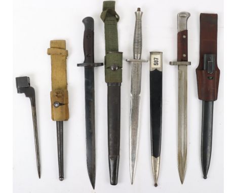 Czechoslovakian Mauser Bayonet, complete with its scabbard and leather frog; British bayonet with jungle frog; No4 MkII spike