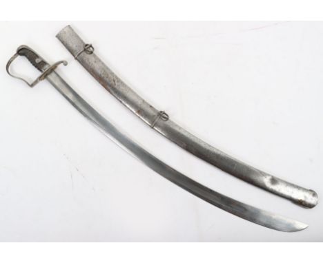 British 1796 Light Cavalry Sabre, regulation pattern, housed in its steel scabbard with remains of retailers details etched. 